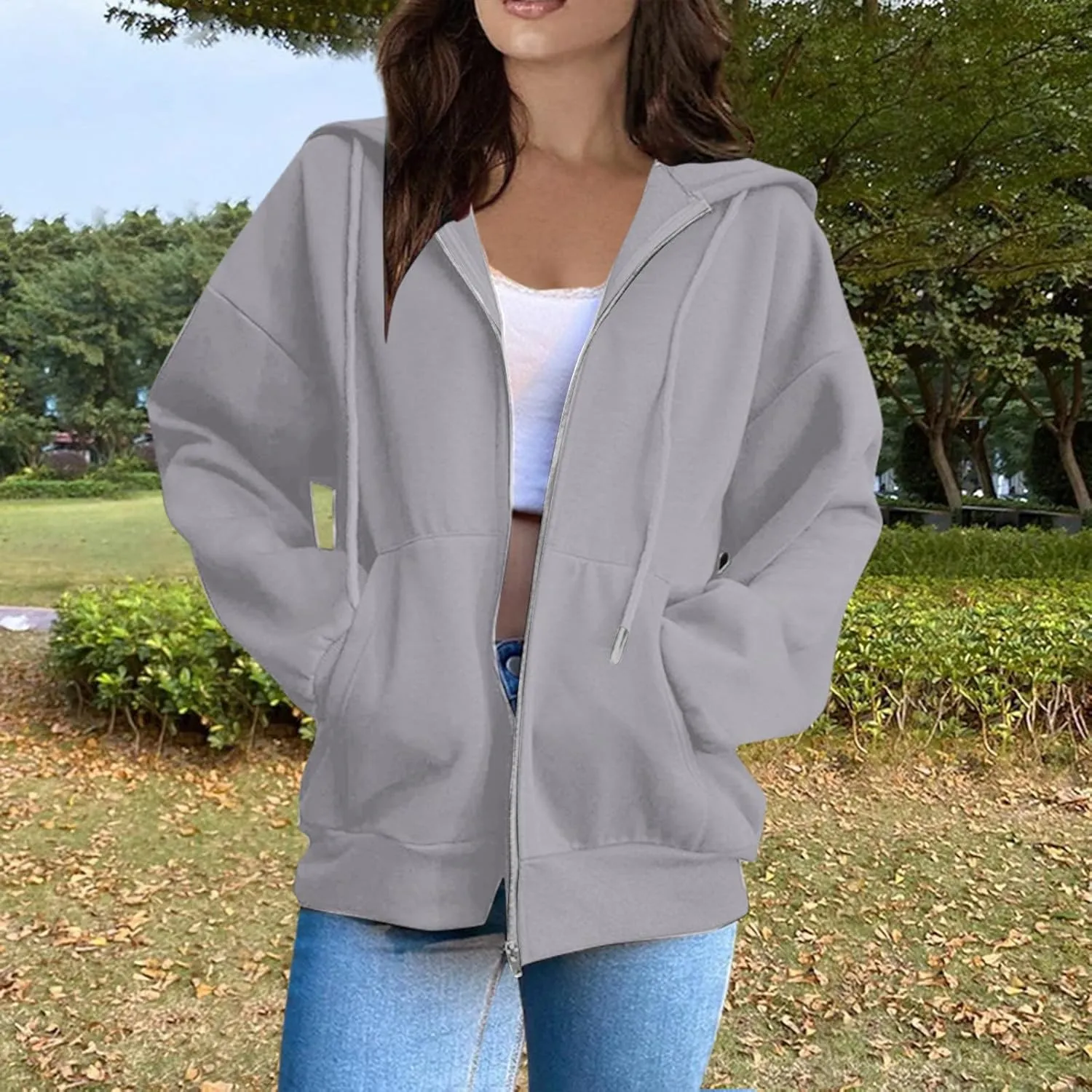 2025 Spring Women's Drawstring Zip Up Cute Hoodies Soft Jacket Plus Size Casual Sweatshirts with Pocket