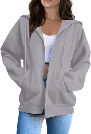 2025 Spring Women's Drawstring Zip Up Cute Hoodies Soft Jacket Plus Size Casual Sweatshirts with Pocket