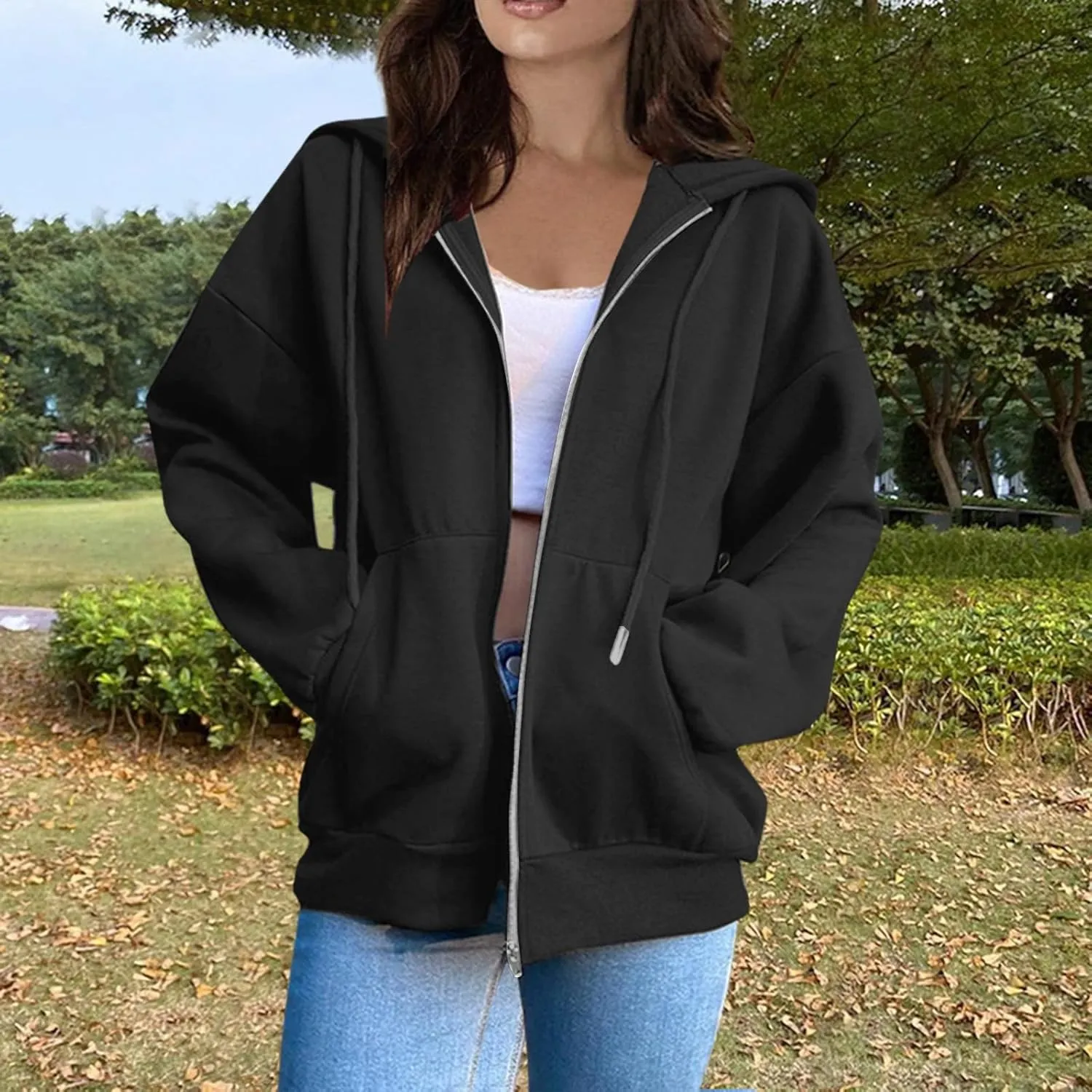 2025 Spring Women's Drawstring Zip Up Cute Hoodies Soft Jacket Plus Size Casual Sweatshirts with Pocket