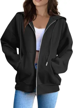 2025 Spring Women's Drawstring Zip Up Cute Hoodies Soft Jacket Plus Size Casual Sweatshirts with Pocket