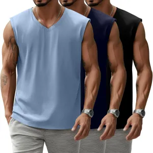 3 Pack Mens V Neck Tank Tops 95% Cotton Sleeveless Big and Tall Muscle Cut Off Shirts Gym Workout Tee