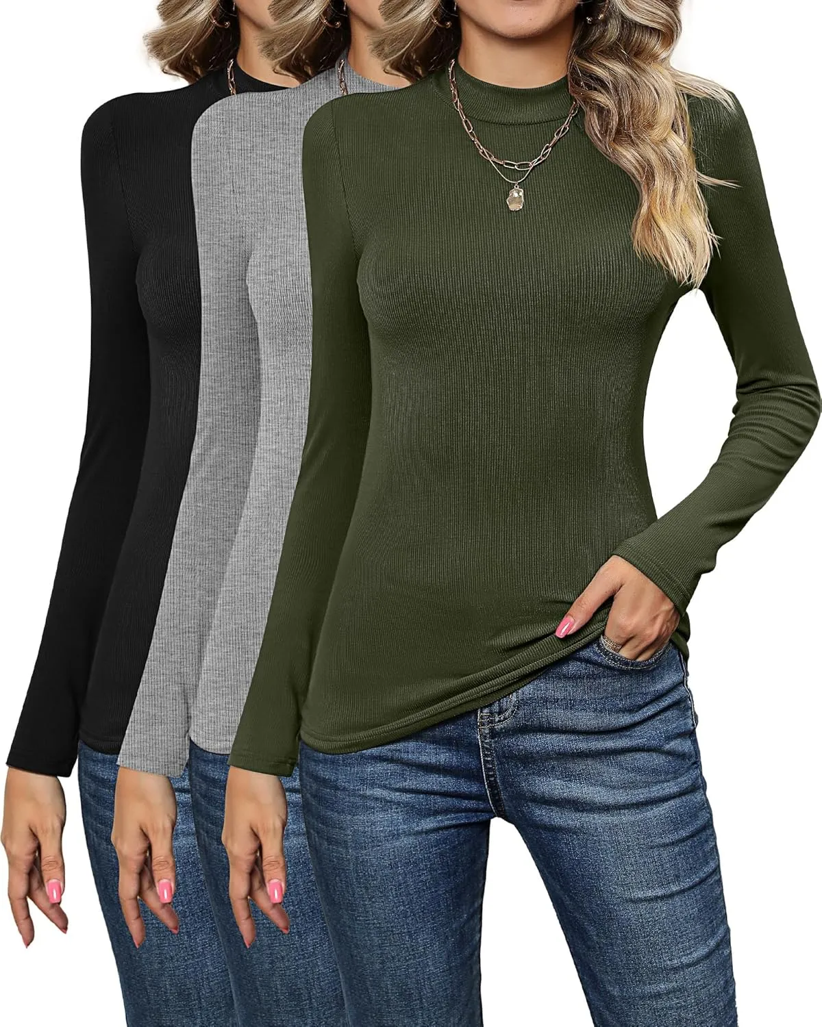 3 Pack Women's Mock Neck Tops, Fitted Ribbed Turtleneck Shirts 2025 Trendy Long Sleeve Knit Thermal Undershirts Tee