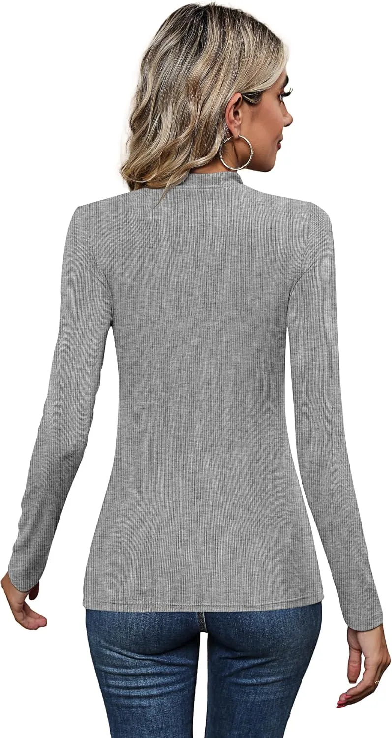 3 Pack Women's Mock Neck Tops, Fitted Ribbed Turtleneck Shirts 2025 Trendy Long Sleeve Knit Thermal Undershirts Tee