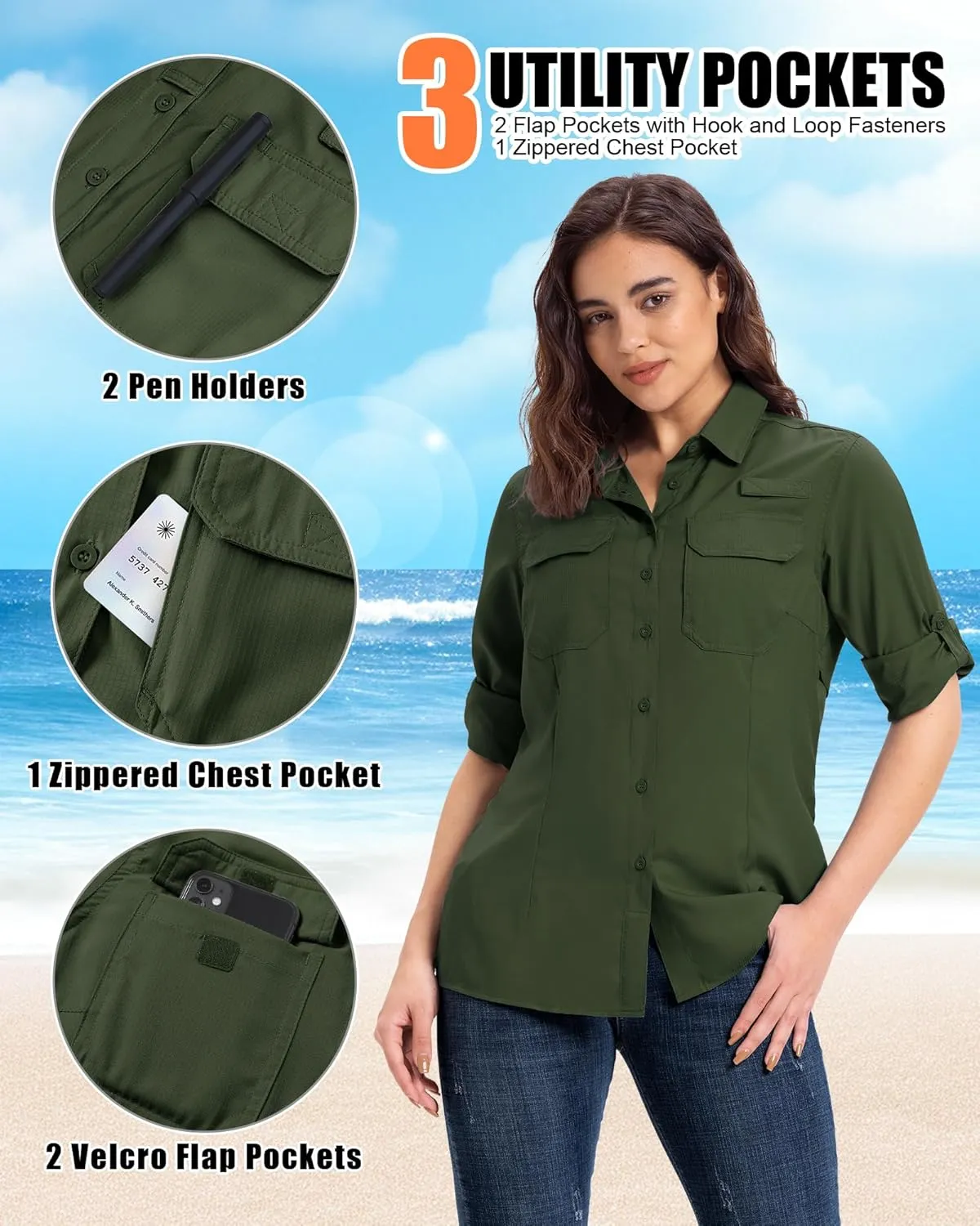 33,000ft Women's UPF 50  UV Long Sleeve Sun Protection Safari Shirts Quick Dry Outdoor Fishing Hiking Travel Shirt
