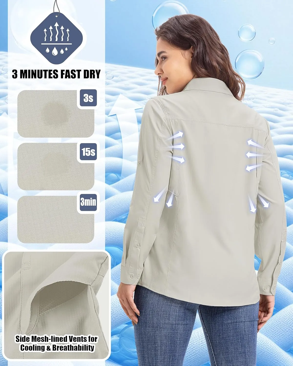 33,000ft Women's UPF 50  UV Long Sleeve Sun Protection Safari Shirts Quick Dry Outdoor Fishing Hiking Travel Shirt