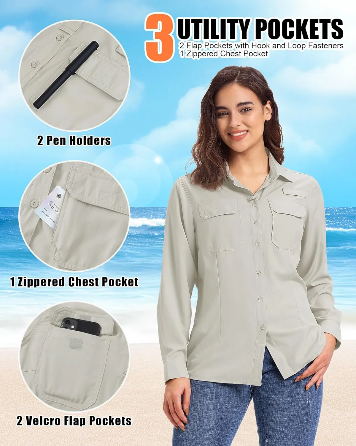 33,000ft Women's UPF 50  UV Long Sleeve Sun Protection Safari Shirts Quick Dry Outdoor Fishing Hiking Travel Shirt