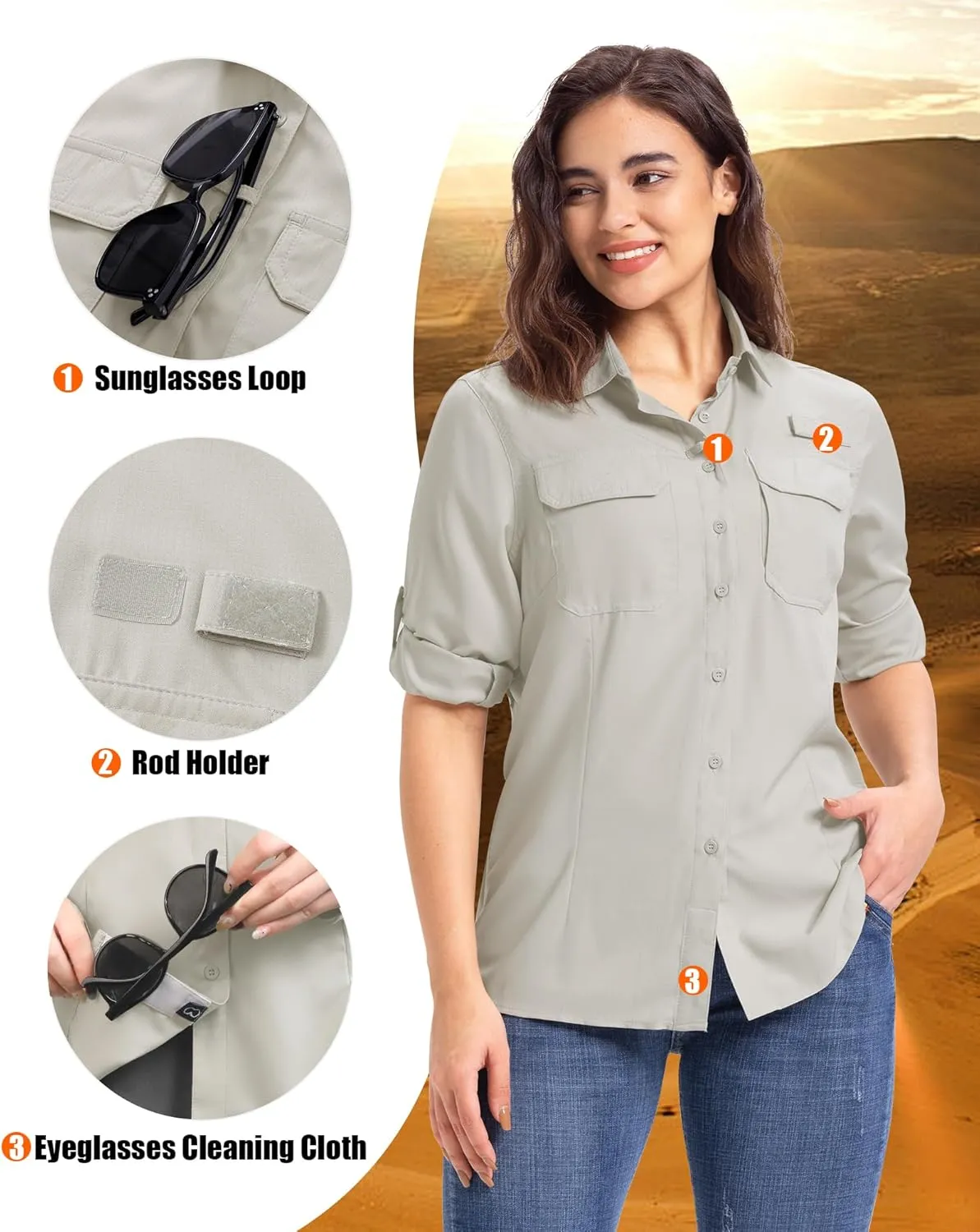 33,000ft Women's UPF 50  UV Long Sleeve Sun Protection Safari Shirts Quick Dry Outdoor Fishing Hiking Travel Shirt