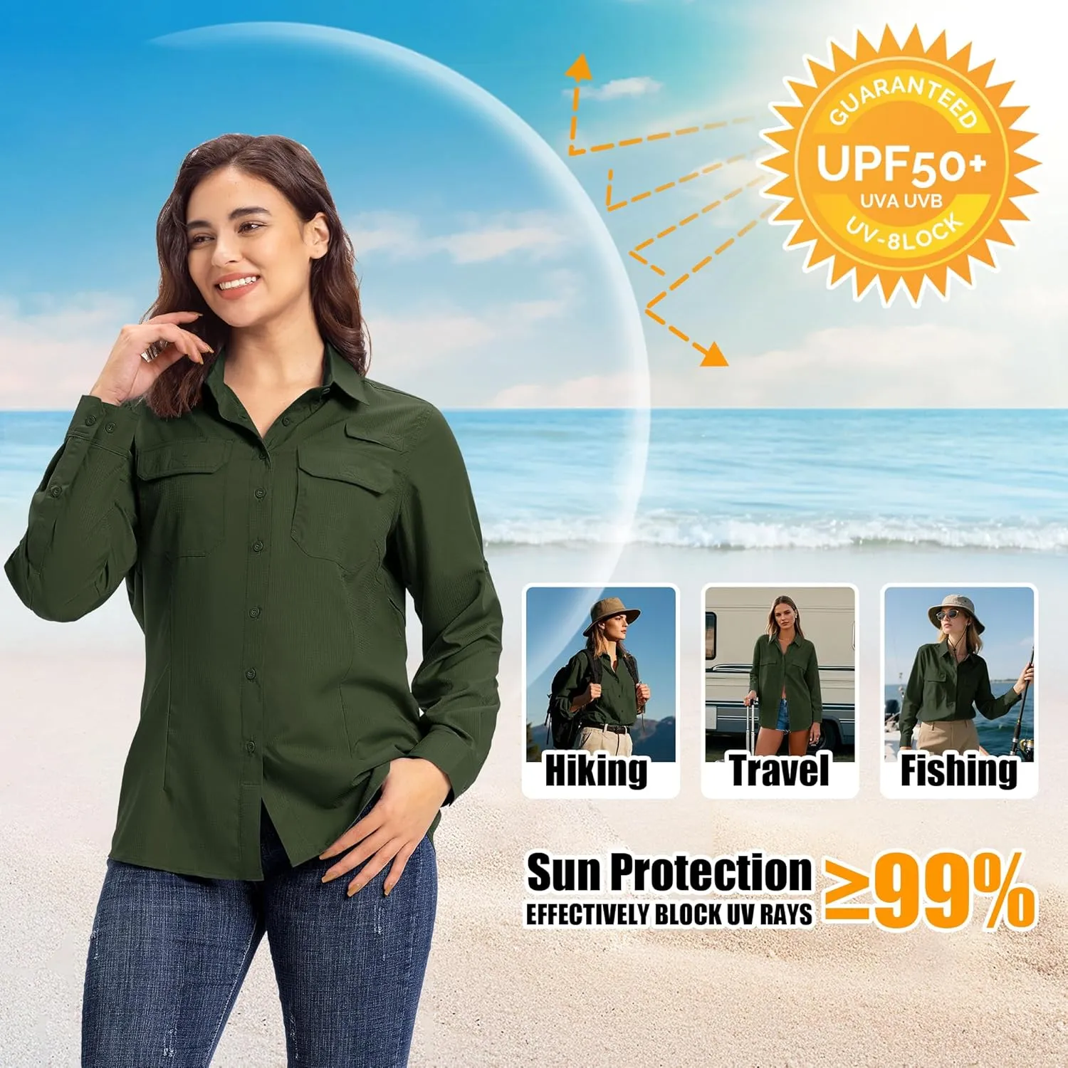 33,000ft Women's UPF 50  UV Long Sleeve Sun Protection Safari Shirts Quick Dry Outdoor Fishing Hiking Travel Shirt