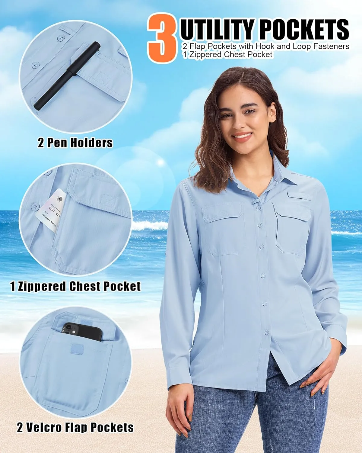 33,000ft Women's UPF 50  UV Long Sleeve Sun Protection Safari Shirts Quick Dry Outdoor Fishing Hiking Travel Shirt