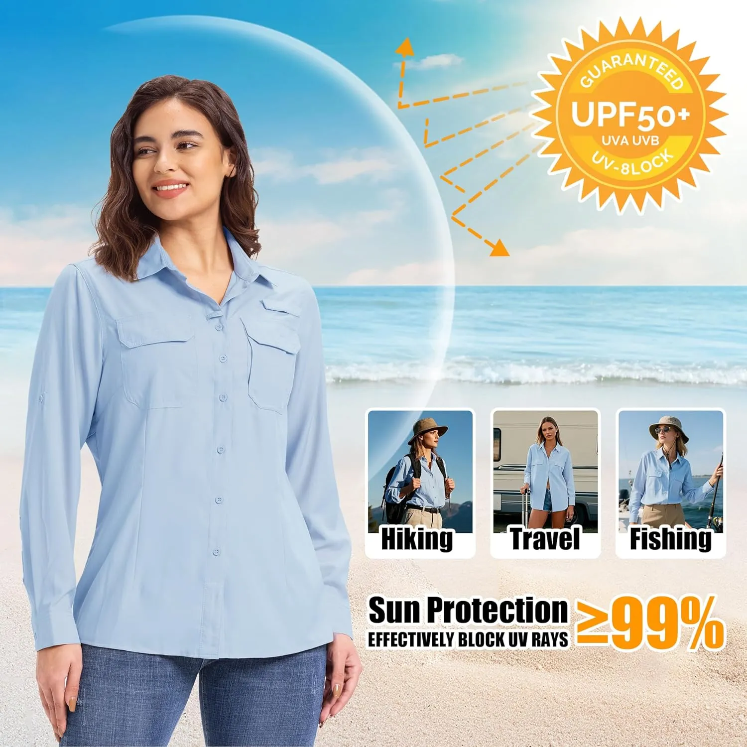 33,000ft Women's UPF 50  UV Long Sleeve Sun Protection Safari Shirts Quick Dry Outdoor Fishing Hiking Travel Shirt