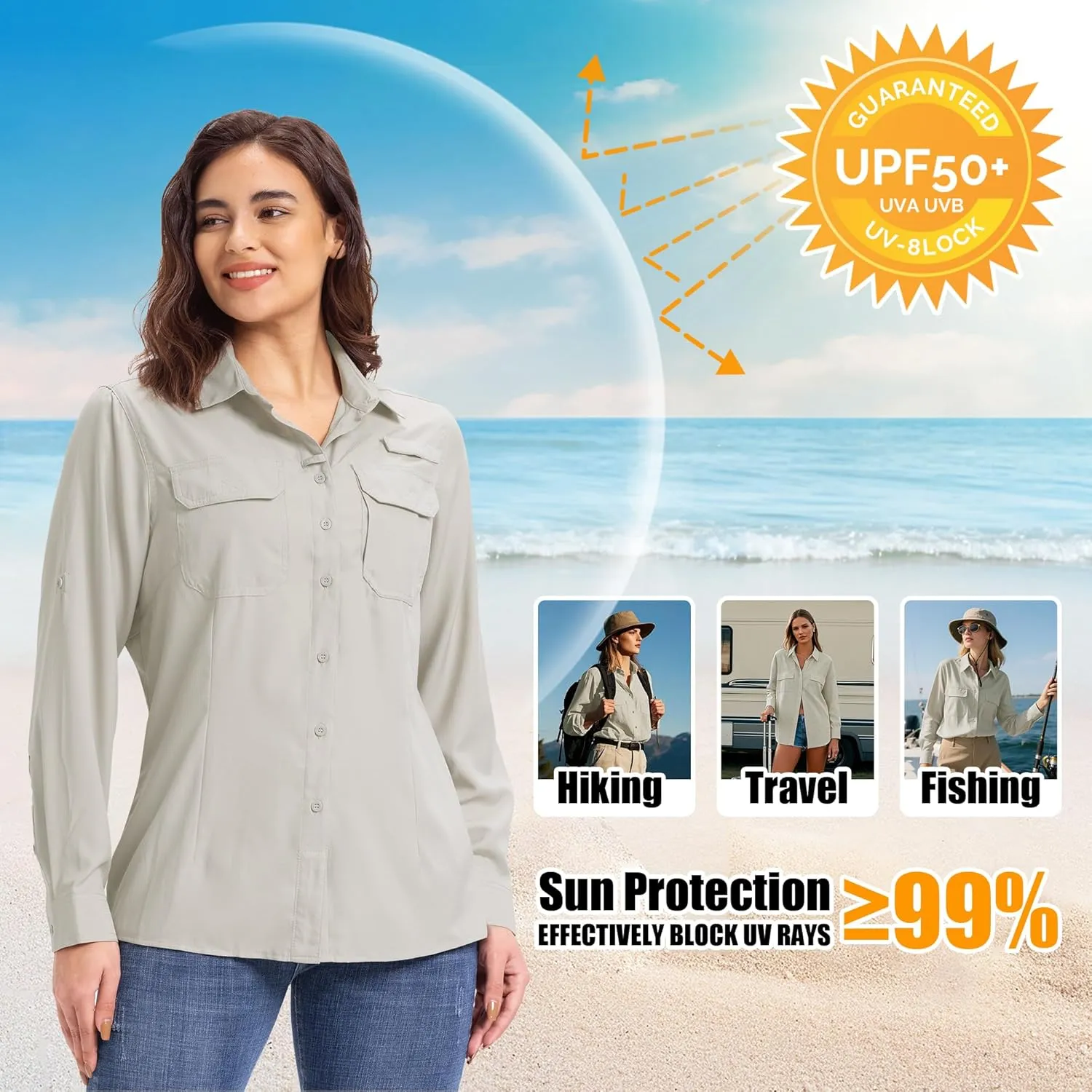 33,000ft Women's UPF 50  UV Long Sleeve Sun Protection Safari Shirts Quick Dry Outdoor Fishing Hiking Travel Shirt