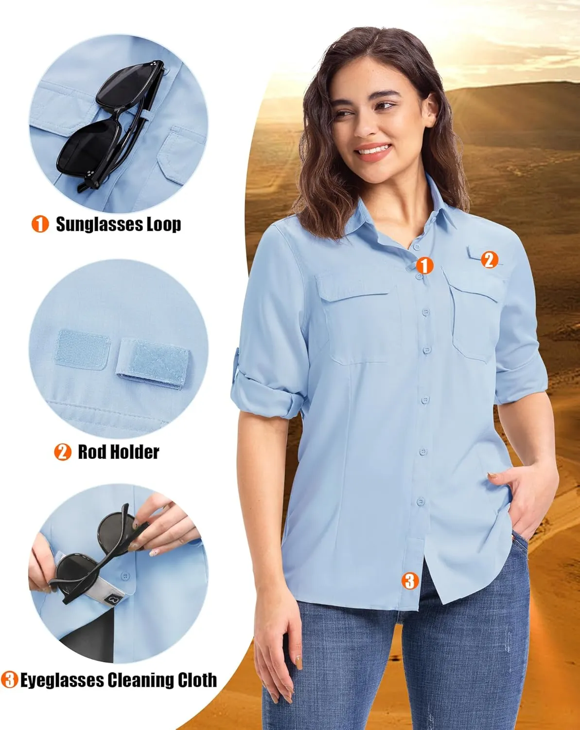 33,000ft Women's UPF 50  UV Long Sleeve Sun Protection Safari Shirts Quick Dry Outdoor Fishing Hiking Travel Shirt