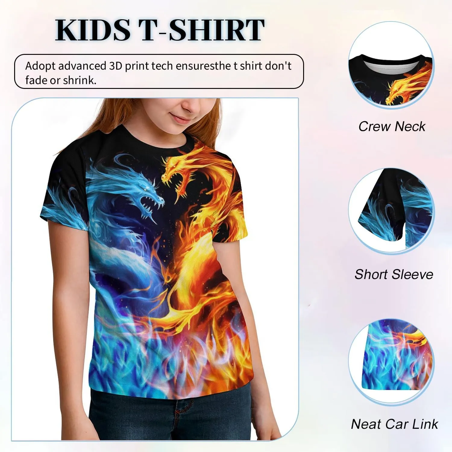 3D Graphic Kids T Shirt, Unisex Creative Print Crewneck Shirts, Boys Girls Short Sleeve Tees for 6-16 Years Teens