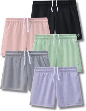 5-Pack Women's Athletic Shorts Mesh Basketball, Ladies Active Loose Pull-On Shorts with Zipper Pockets, 5" Inseam