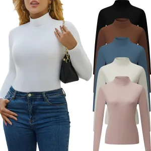 5 Piece Women's T-Shirts Turtleneck Long Sleeve Tops High Neck Fitted Layering Warm Base Fall Winter Basic Tees