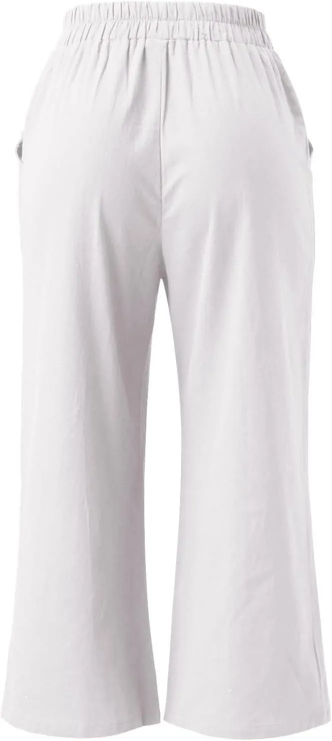 ADHOWBEW Linen Capri Pants for Women Lounge Flowy Wide Leg Summer High Waist Trendy Dressy Comfy Casual Slacks with Pockets