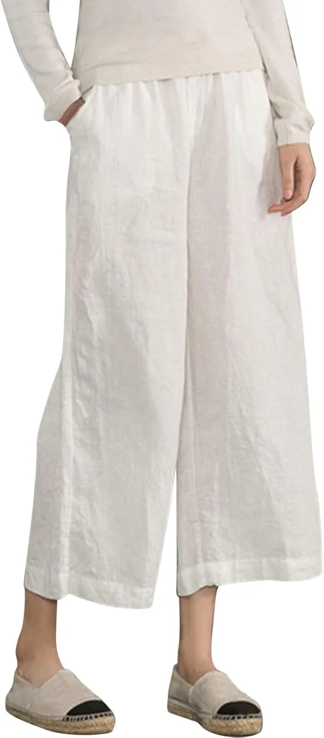 ADHOWBEW Linen Capri Pants for Women Lounge Flowy Wide Leg Summer High Waist Trendy Dressy Comfy Casual Slacks with Pockets