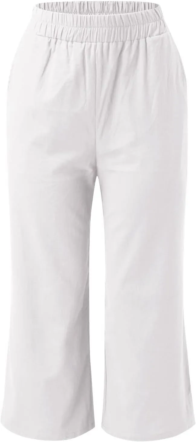 ADHOWBEW Linen Capri Pants for Women Lounge Flowy Wide Leg Summer High Waist Trendy Dressy Comfy Casual Slacks with Pockets