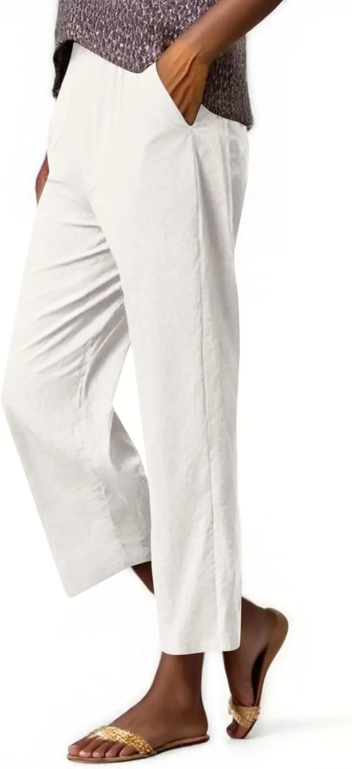 ADHOWBEW Linen Capri Pants for Women Lounge Flowy Wide Leg Summer High Waist Trendy Dressy Comfy Casual Slacks with Pockets