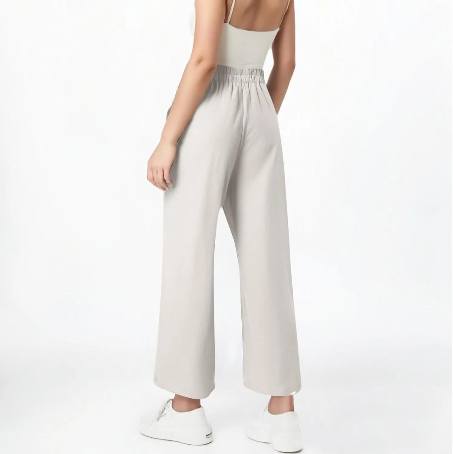 ADHOWBEW Linen Capri Pants for Women Lounge Flowy Wide Leg Summer High Waist Trendy Dressy Comfy Casual Slacks with Pockets