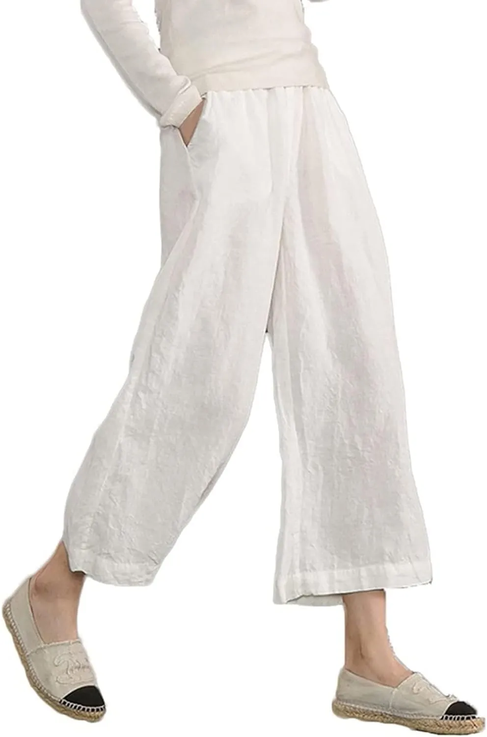 ADHOWBEW Linen Capri Pants for Women Lounge Flowy Wide Leg Summer High Waist Trendy Dressy Comfy Casual Slacks with Pockets