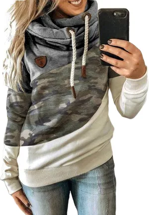 Akivide Women's Casual Cowl Neck Pullover Hoodie Color Block Graphic Long Sleeve Drawstring Hooded Sweatshirt Tops