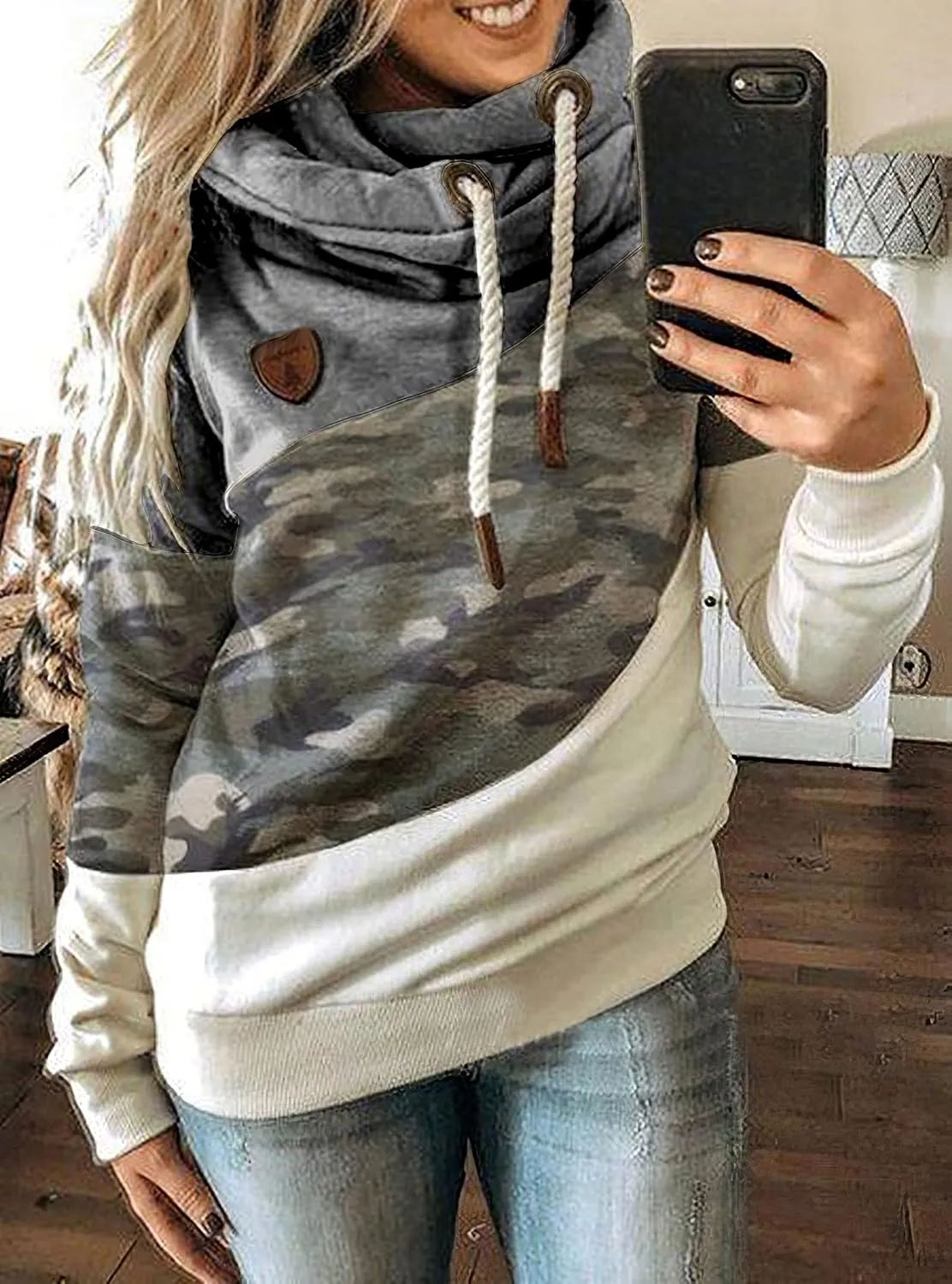 Akivide Women's Casual Cowl Neck Pullover Hoodie Color Block Graphic Long Sleeve Drawstring Hooded Sweatshirt Tops
