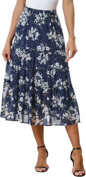 Allegra K Women's Floral Skirts Chiffon A-line Long Tiered Ruffle Boho Midi Skirt XS-3XL