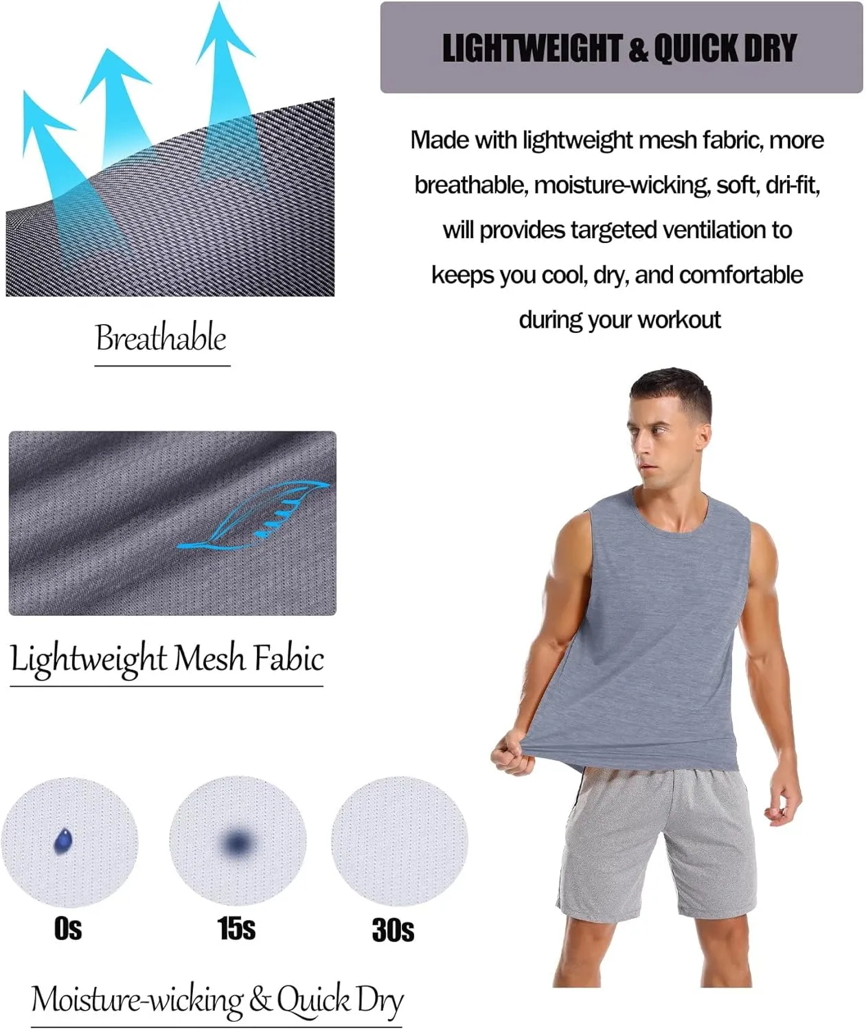 Amussiar Men's 3 Pack Workout Tank Tops Mesh Gym Sleeveless Dry Fit Bodybuilding Shirts Fitness Athletic Muscle Tee