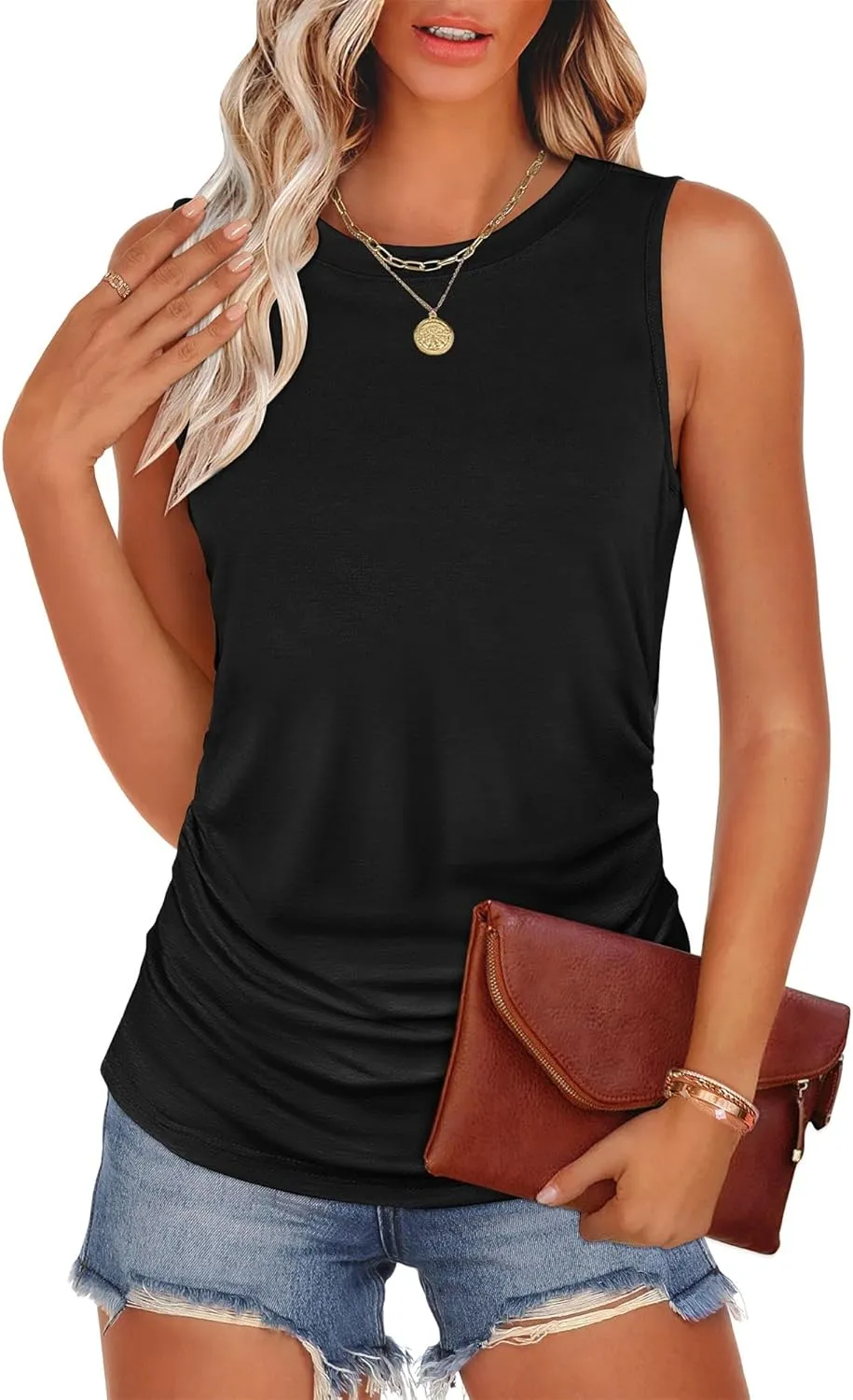 ANRABESS Tank Top for Women Casual Loose Fit Sleeveless Crewneck Ruched Basic Tee Shirts 2025 Summer Trendy Outfits