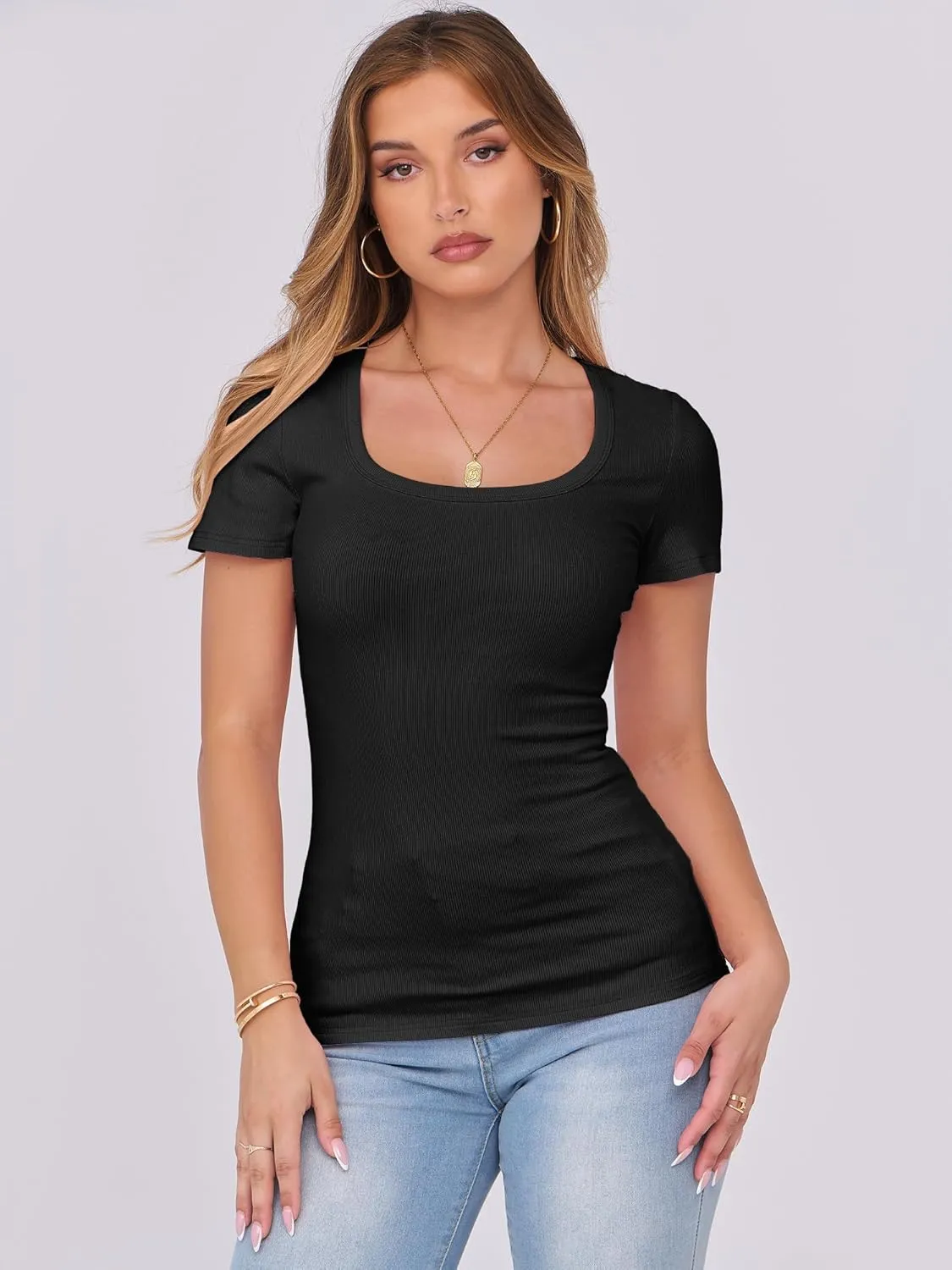 ANRABESS Women Short Sleeve Tops Scoop Neck Ribbed Knit Slim Fitted Basic Tee Shirts 2025 Casual Summer Trendy Clothes