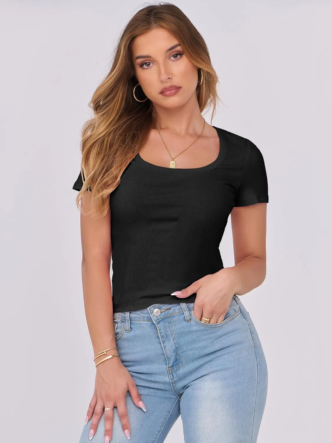 ANRABESS Women Short Sleeve Tops Scoop Neck Ribbed Knit Slim Fitted Basic Tee Shirts 2025 Casual Summer Trendy Clothes