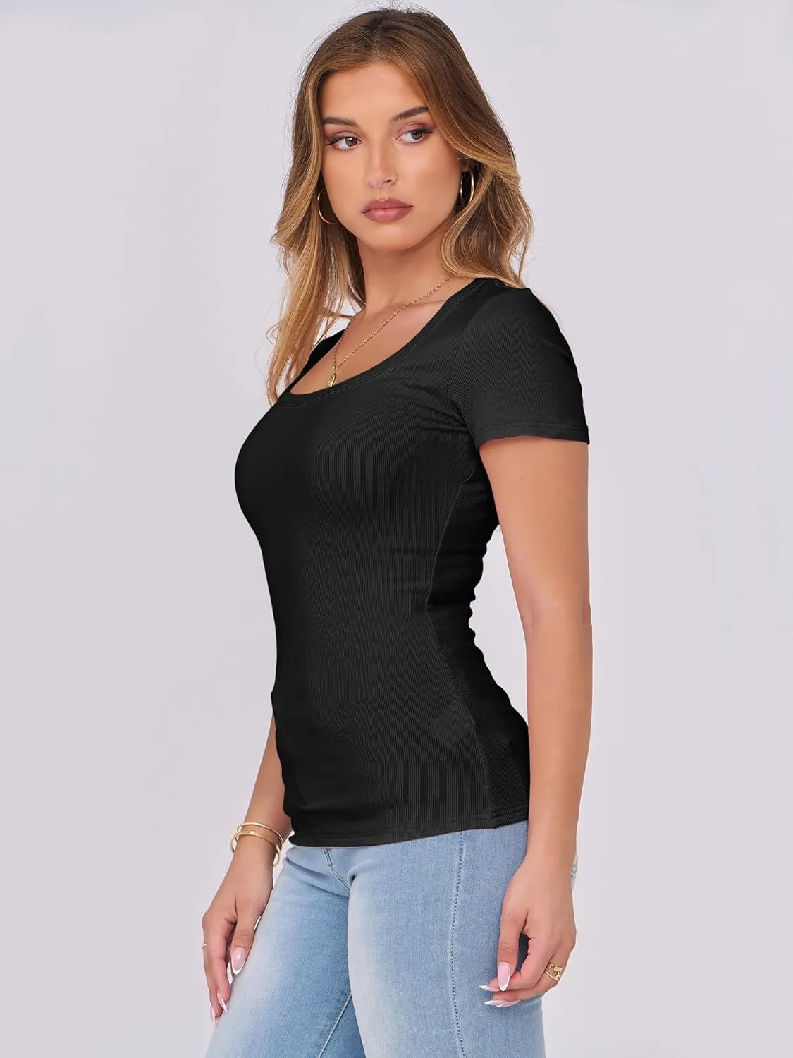 ANRABESS Women Short Sleeve Tops Scoop Neck Ribbed Knit Slim Fitted Basic Tee Shirts 2025 Casual Summer Trendy Clothes