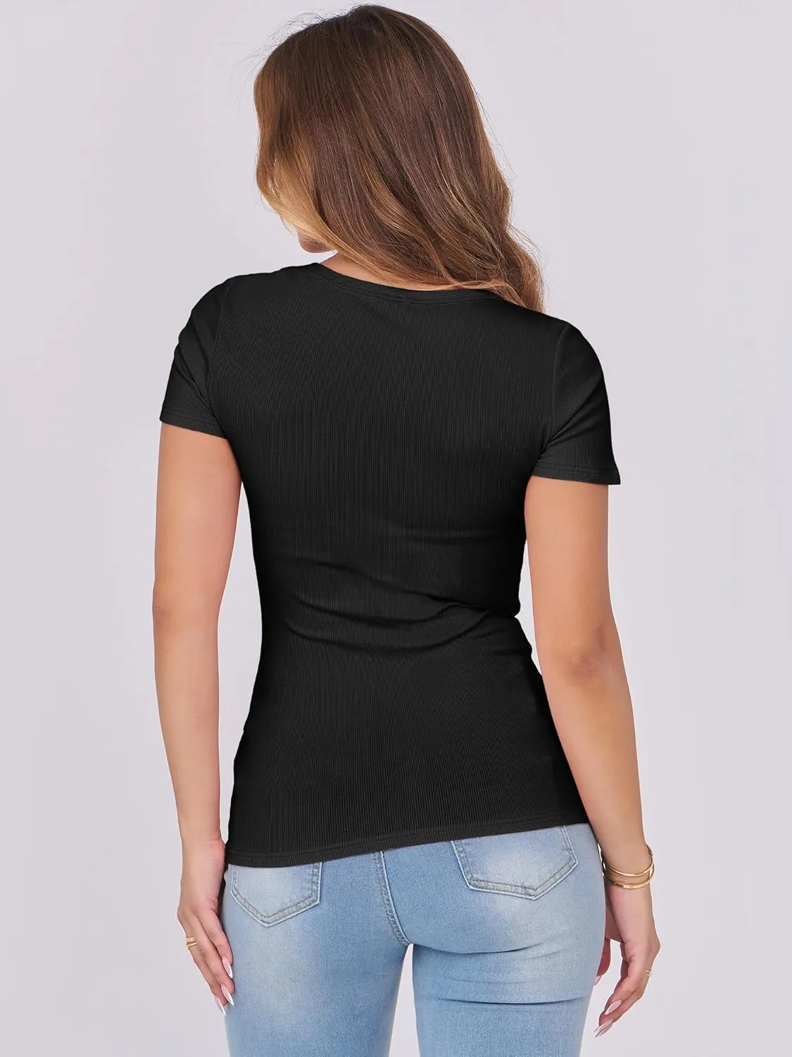ANRABESS Women Short Sleeve Tops Scoop Neck Ribbed Knit Slim Fitted Basic Tee Shirts 2025 Casual Summer Trendy Clothes