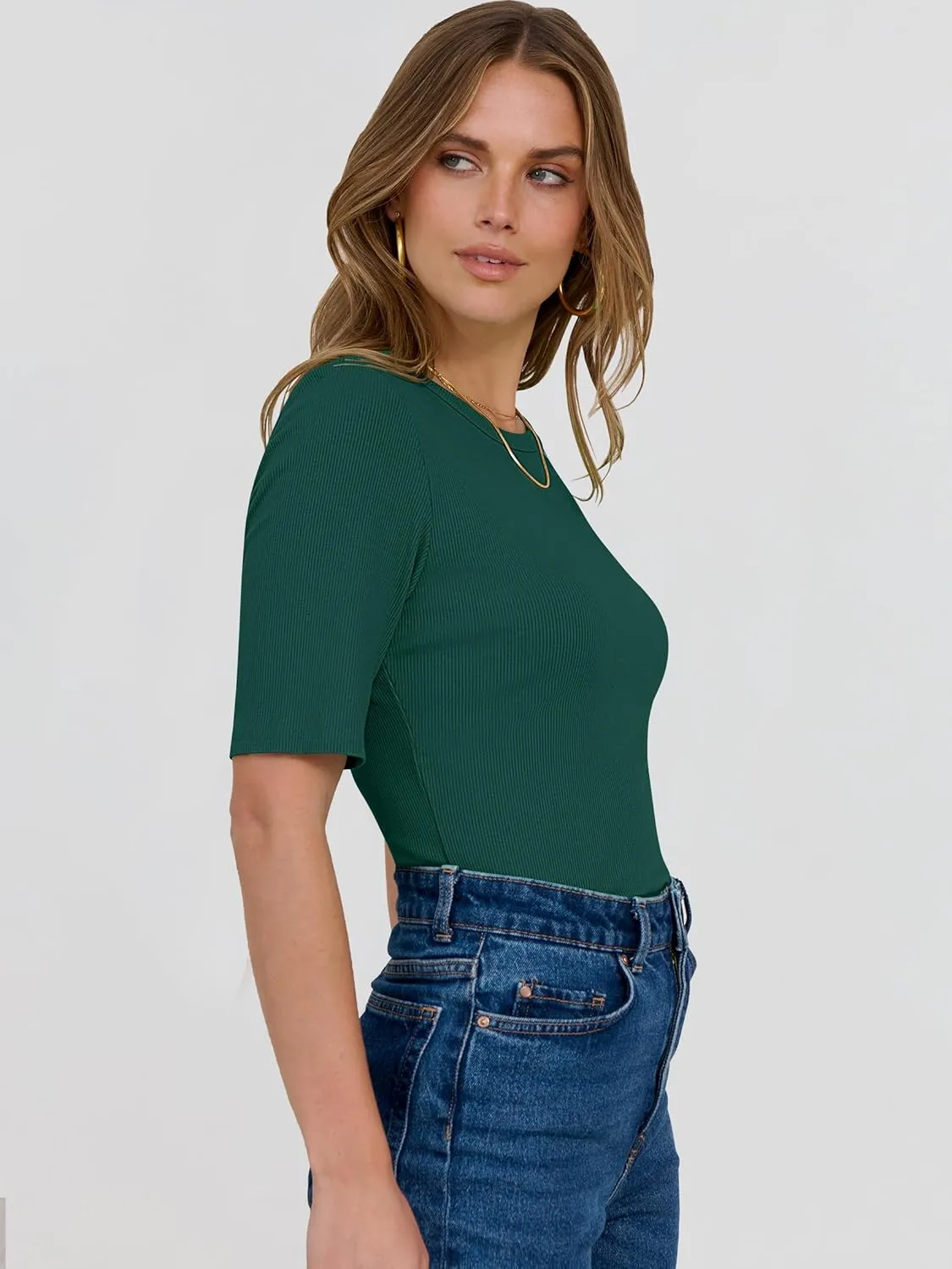 ANRABESS Womens Half Sleeve Crewneck Tops Ribbed Knit Slim Fit Shirts Basic Tee 2025 Spring Summer Dressy Casual T-Shirts