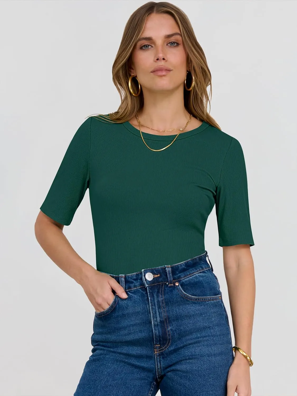 ANRABESS Womens Half Sleeve Crewneck Tops Ribbed Knit Slim Fit Shirts Basic Tee 2025 Spring Summer Dressy Casual T-Shirts