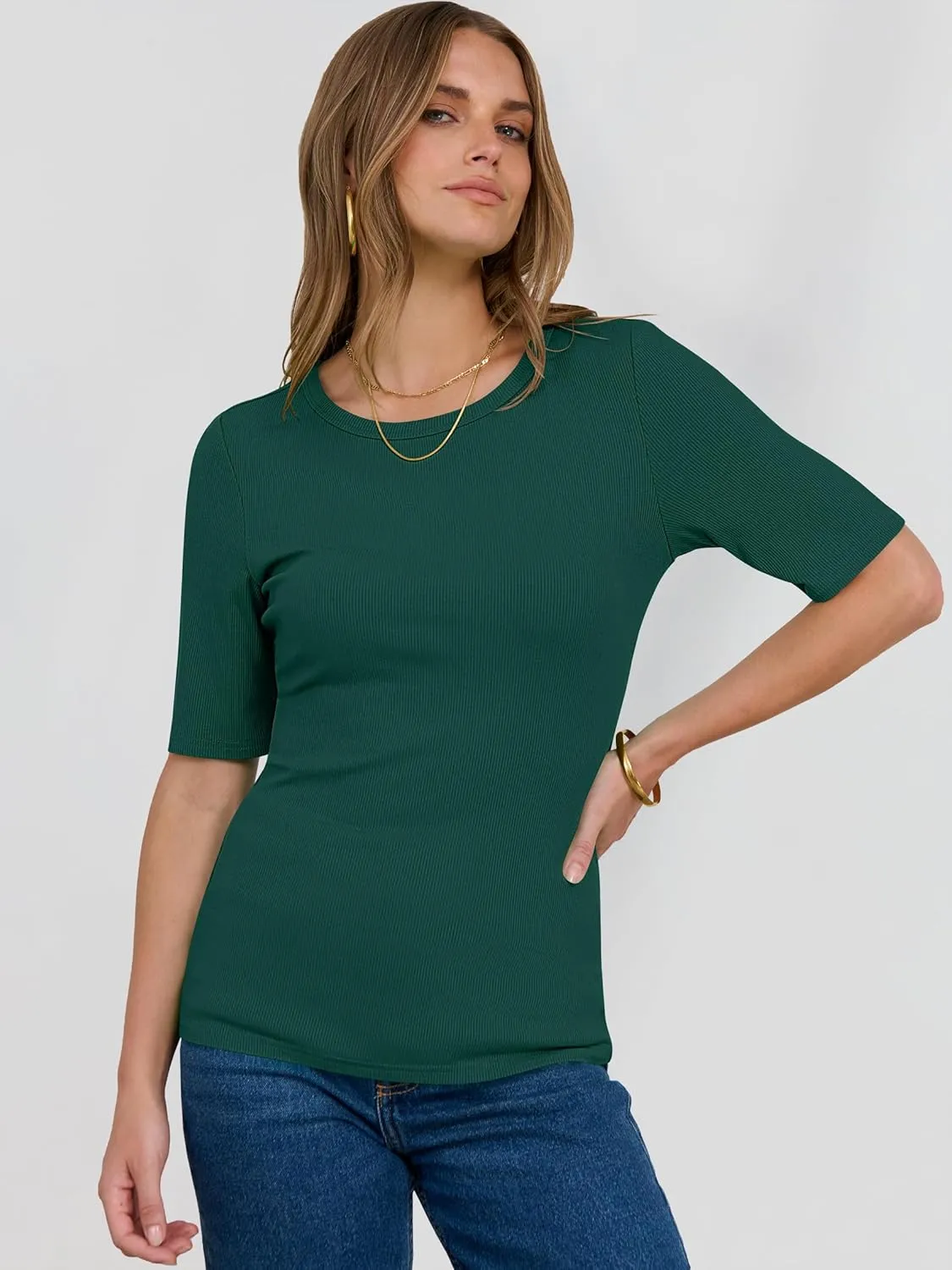 ANRABESS Womens Half Sleeve Crewneck Tops Ribbed Knit Slim Fit Shirts Basic Tee 2025 Spring Summer Dressy Casual T-Shirts