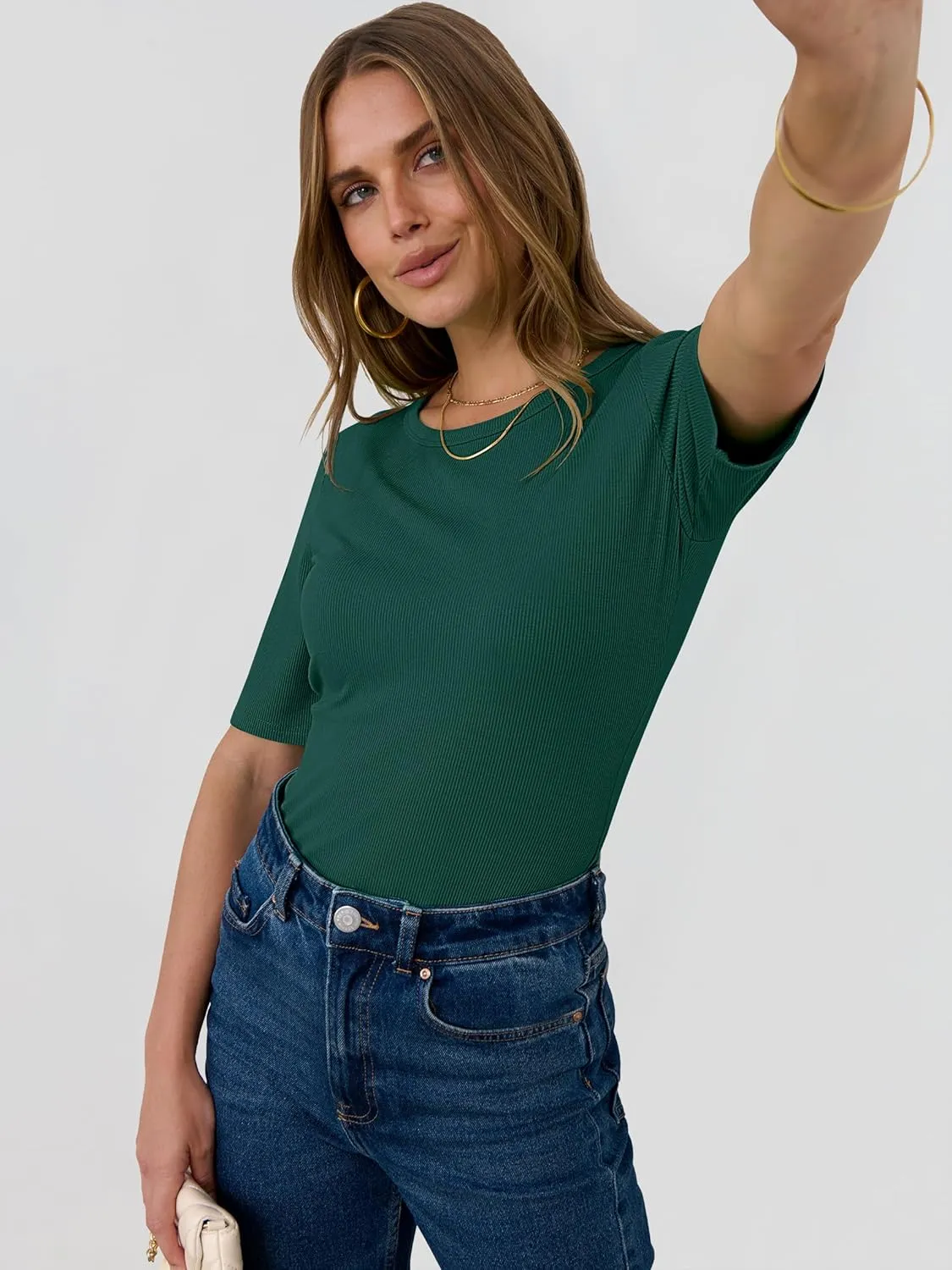 ANRABESS Womens Half Sleeve Crewneck Tops Ribbed Knit Slim Fit Shirts Basic Tee 2025 Spring Summer Dressy Casual T-Shirts