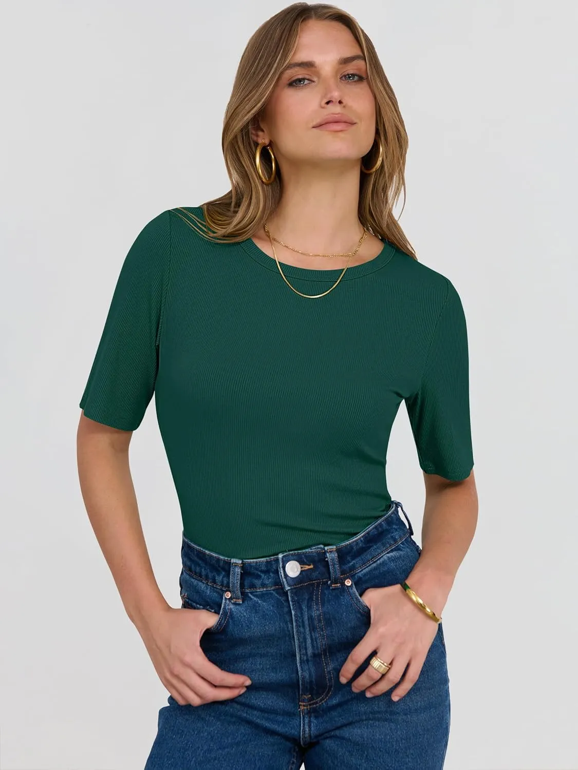ANRABESS Womens Half Sleeve Crewneck Tops Ribbed Knit Slim Fit Shirts Basic Tee 2025 Spring Summer Dressy Casual T-Shirts