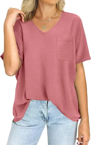 ANRABESS Women's Oversized T Shirts Summer Tops Short Sleeve V Neck Casual Loose Fit Textured Blouses 2025 Trendy Tee Shirt
