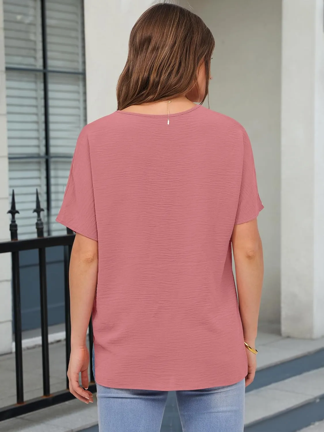 ANRABESS Women's Oversized T Shirts Summer Tops Short Sleeve V Neck Casual Loose Fit Textured Blouses 2025 Trendy Tee Shirt