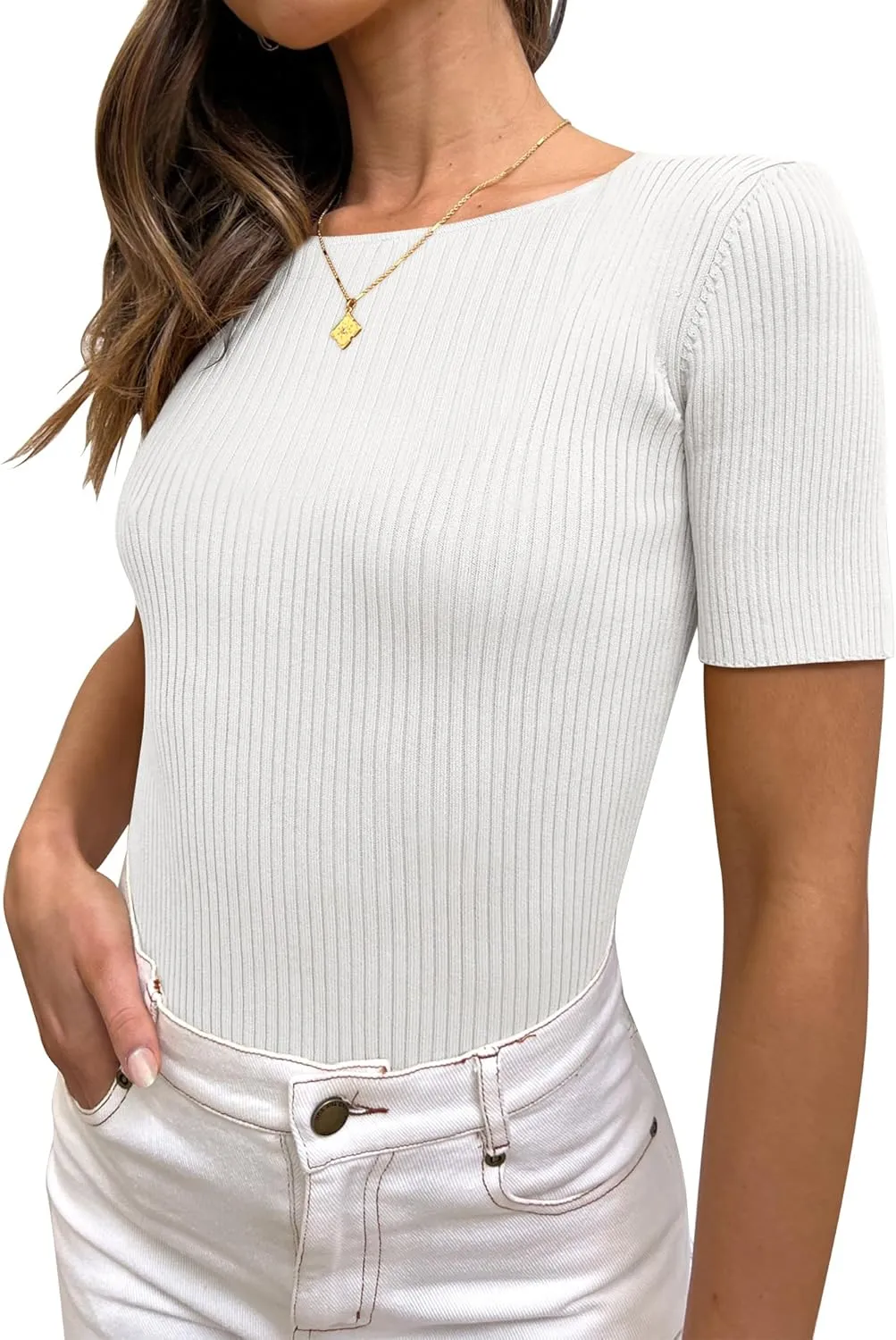 ANRABESS Womens Short Sleeve Crewneck T Shirt Ribbed Knit Sweater Shirts Slim Fit Basic Casual Spring Summer Sweater Tee Tops