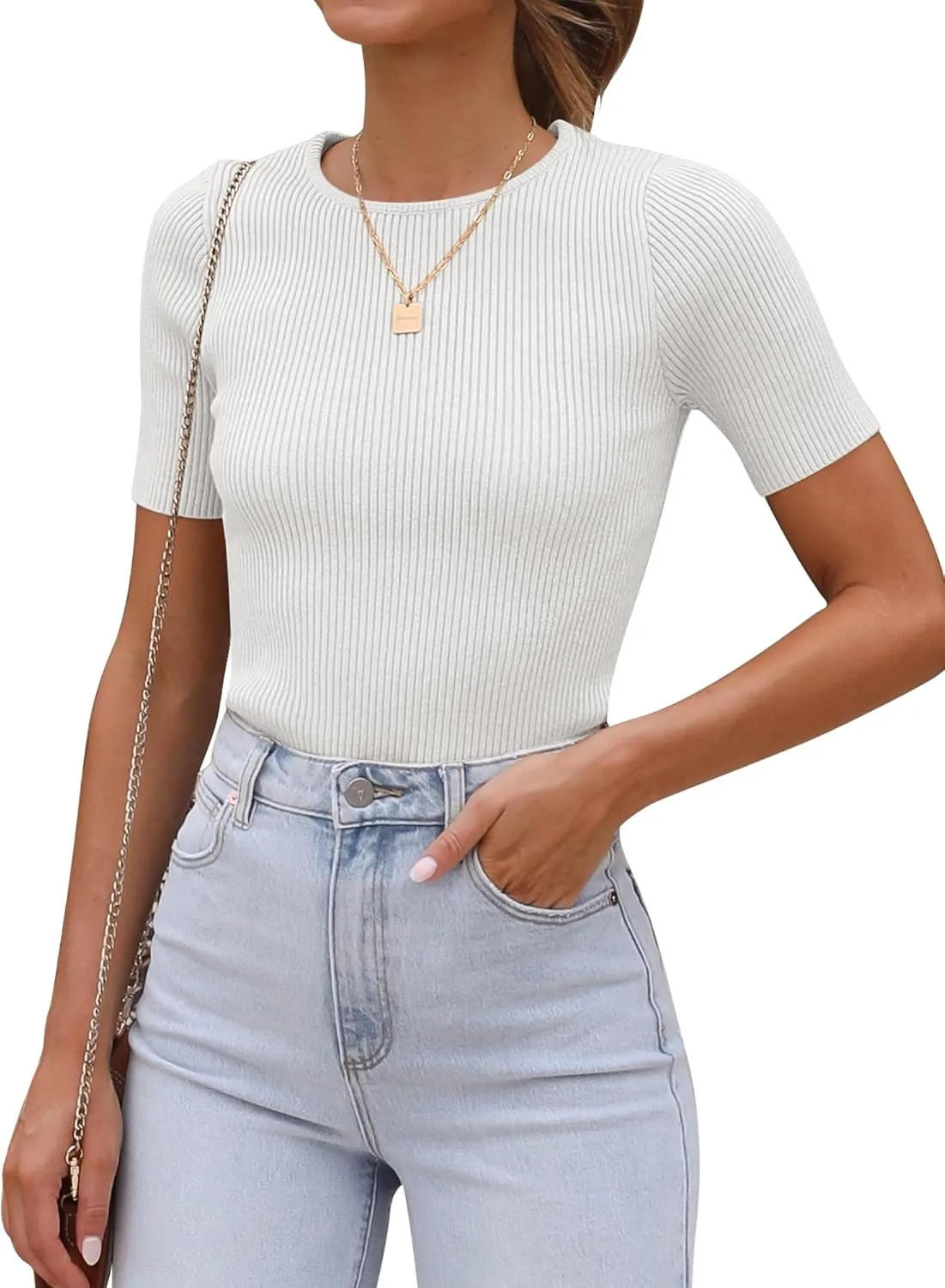 ANRABESS Womens Short Sleeve Crewneck T Shirt Ribbed Knit Sweater Shirts Slim Fit Basic Casual Spring Summer Sweater Tee Tops