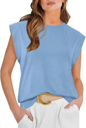 ATHMILE Women's Sleeveless Summer Tank Tops Casual Trendy T Shirts Basic Trendy Cap Sleeve Oversized Tee