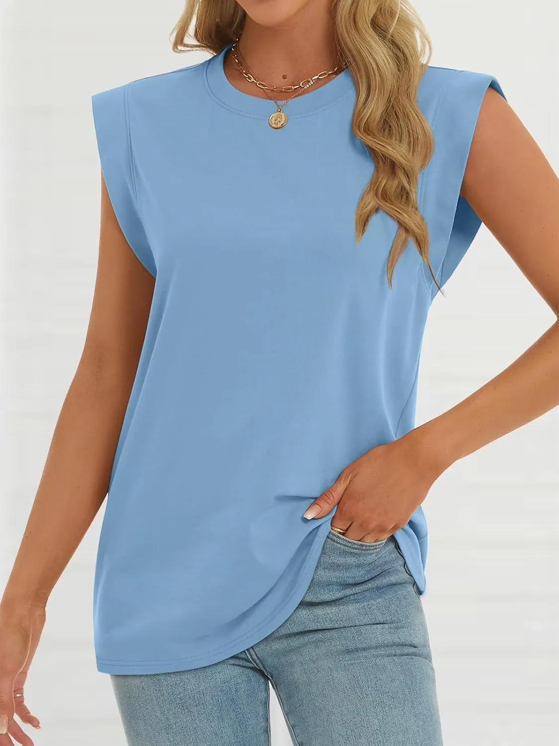 ATHMILE Women's Sleeveless Summer Tank Tops Casual Trendy T Shirts Basic Trendy Cap Sleeve Oversized Tee