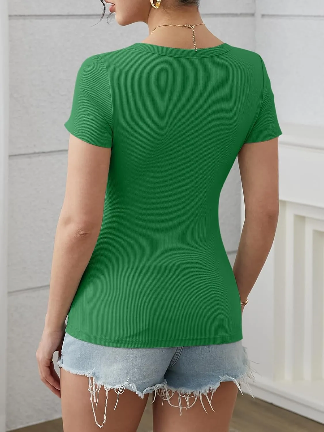 ATHMILE Womens Tops Ribbed Scoop Neck Knit Slim Fitted Casual Basic Tee Shirts for Women Fashion Trendy 2025