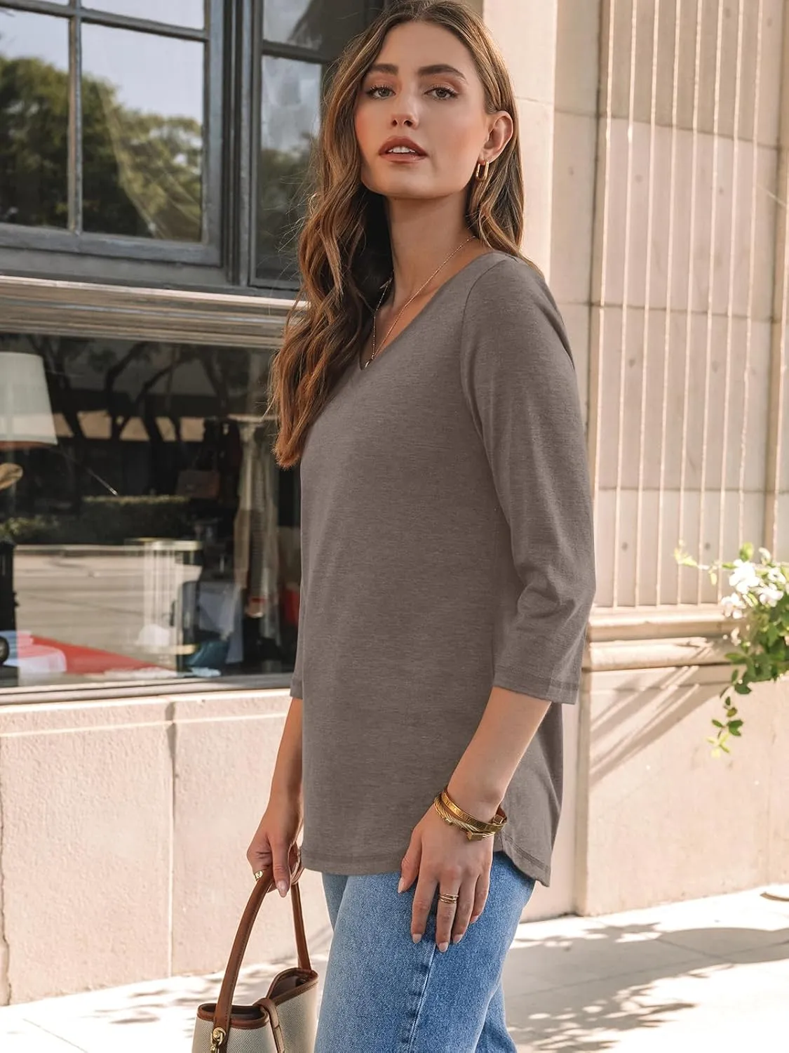 AUTOMET Womens 3/4 Length Sleeve Tops 2025 Summer V Neck Tee Shirts Dressy Casual Work Tunic Blouses Spring Clothes