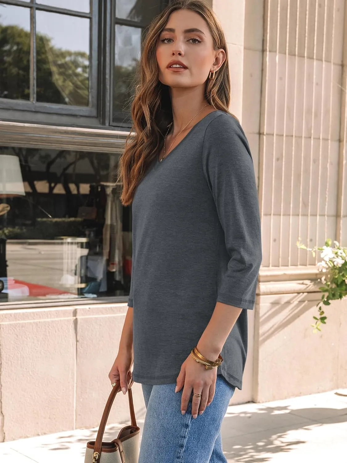 AUTOMET Womens 3/4 Length Sleeve Tops 2025 Summer V Neck Tee Shirts Dressy Casual Work Tunic Blouses Spring Clothes