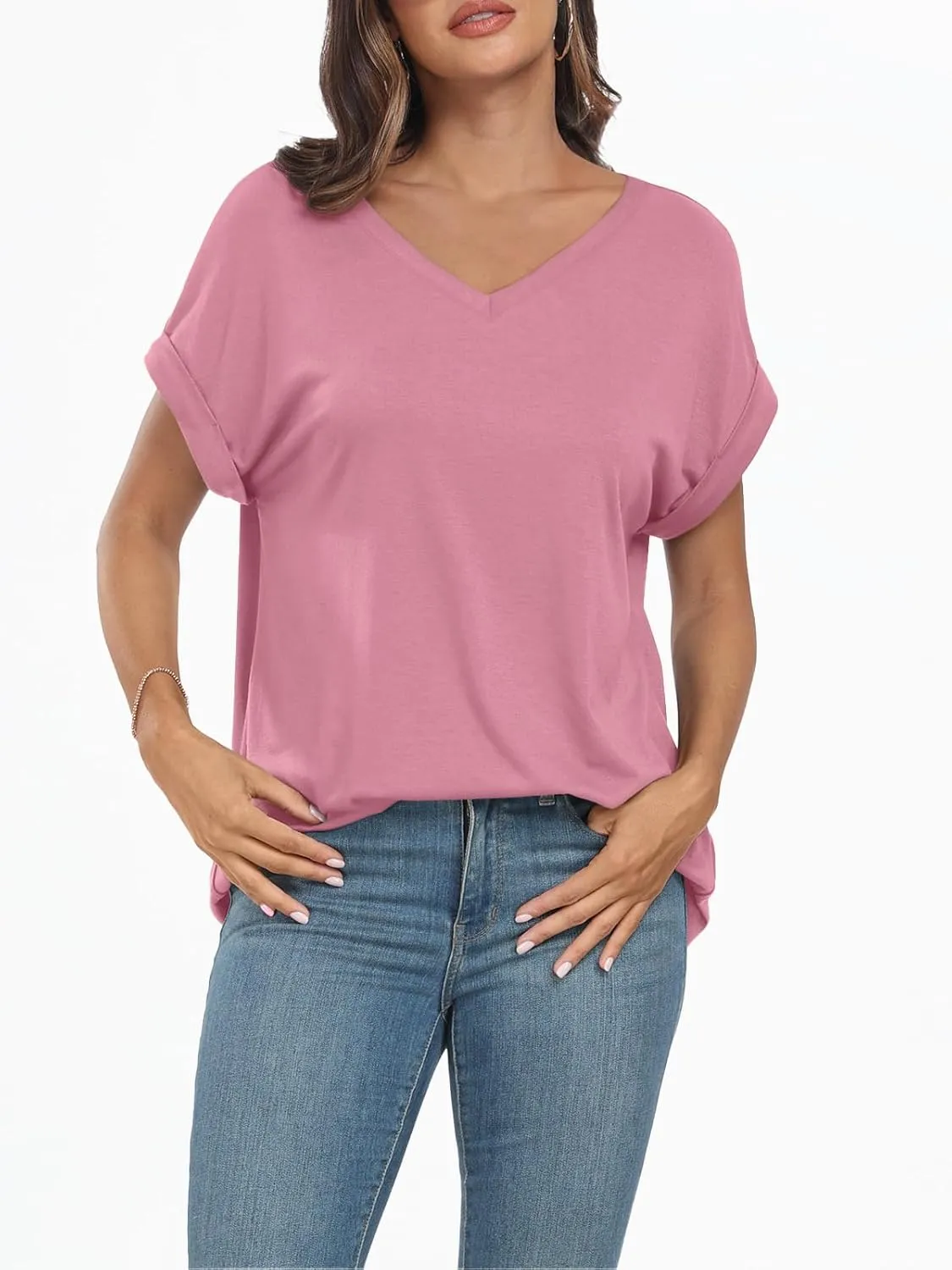 AUTOMET Women's Oversized V Neck Tshirts Casual Basic Short Sleeve Summer Tops Loose Fit 2025 Plain Tee Shirts