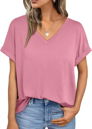 AUTOMET Women's Oversized V Neck Tshirts Casual Basic Short Sleeve Summer Tops Loose Fit 2025 Plain Tee Shirts